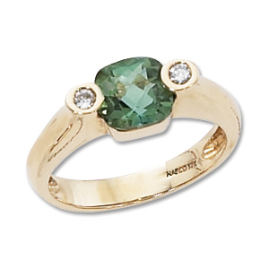 Cushion Green Tourmaline & Diamond Ring image: 14KY 7MM CUSH & 2-.04 DIA-GREEN TOURM