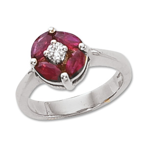 Ruby & Diamond Flower Ring image: 14KW 4-6X3 MQ & 1-.15 DIA-RUBY