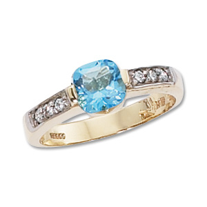 Cushion Blue Topaz & Diamond Ring image: 14KY 6MM CUSH & 6-.02 DIA-SWISS BT