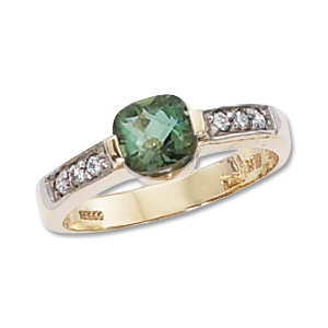 Cushion Green Tourmaline & Diamond Ring image: 14KY 6MM CUSH & 6-.02 DIA-LT GREEN TOURM