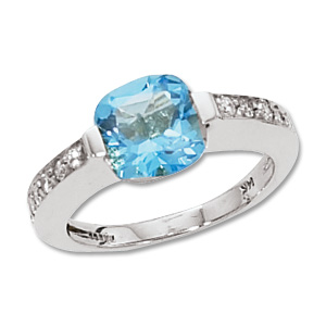 Cushion Blue Topaz & Diamond Ring image: 14KW 8MM CUSH & 12-.02 DIA-SWISS BT
